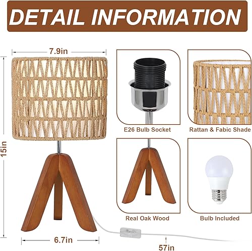Miniatura 2 de Lámpara de mesa trípode con bombilla, pequeña lámpara de escritorio boho para dormitorio con pantalla de tela de ratán, bonita lámpara de noche para
