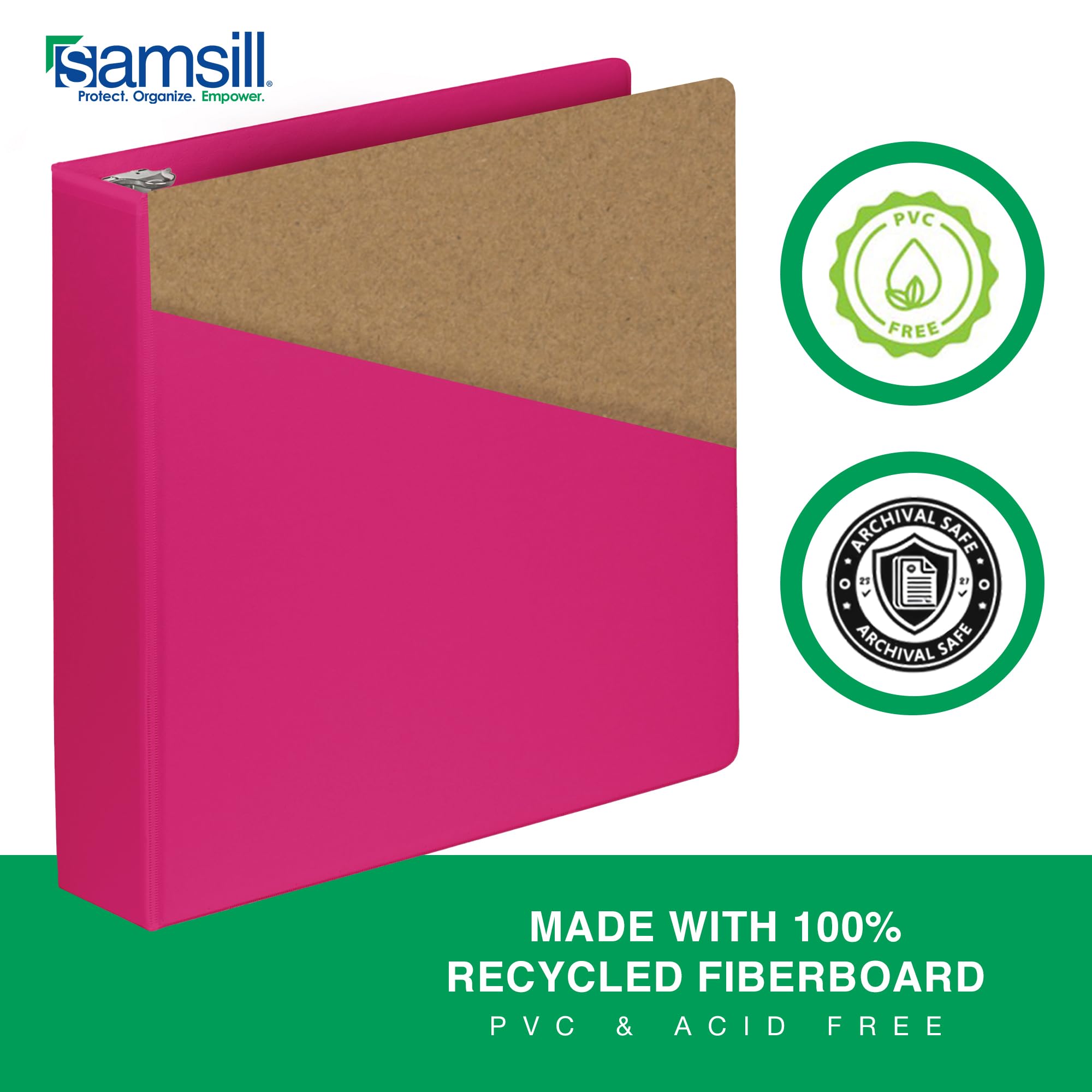 Samsill Classeur durable de 5,1 cm, fabriqué aux États-Unis, reliure à anneaux en D, couverture transparente personnalisable, magenta, peut contenir 475 pages
