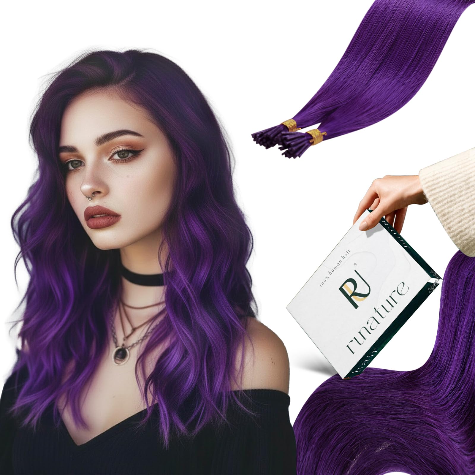RUNATURE Purple Hair Extensions 20 Inch Purple Extensions Hair I Tip Hair Extensions Human Hair Cold Fusion Invisible Itip Human Hair Extnesions for