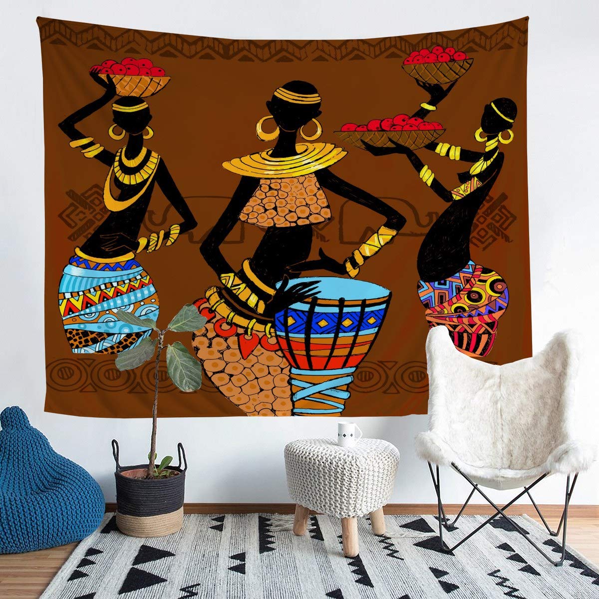 Arazzo Mural Africano In Tessuto Fango 200x150 Cm - Motivi Geometrici Bianco E Nero, Stile Bohémien