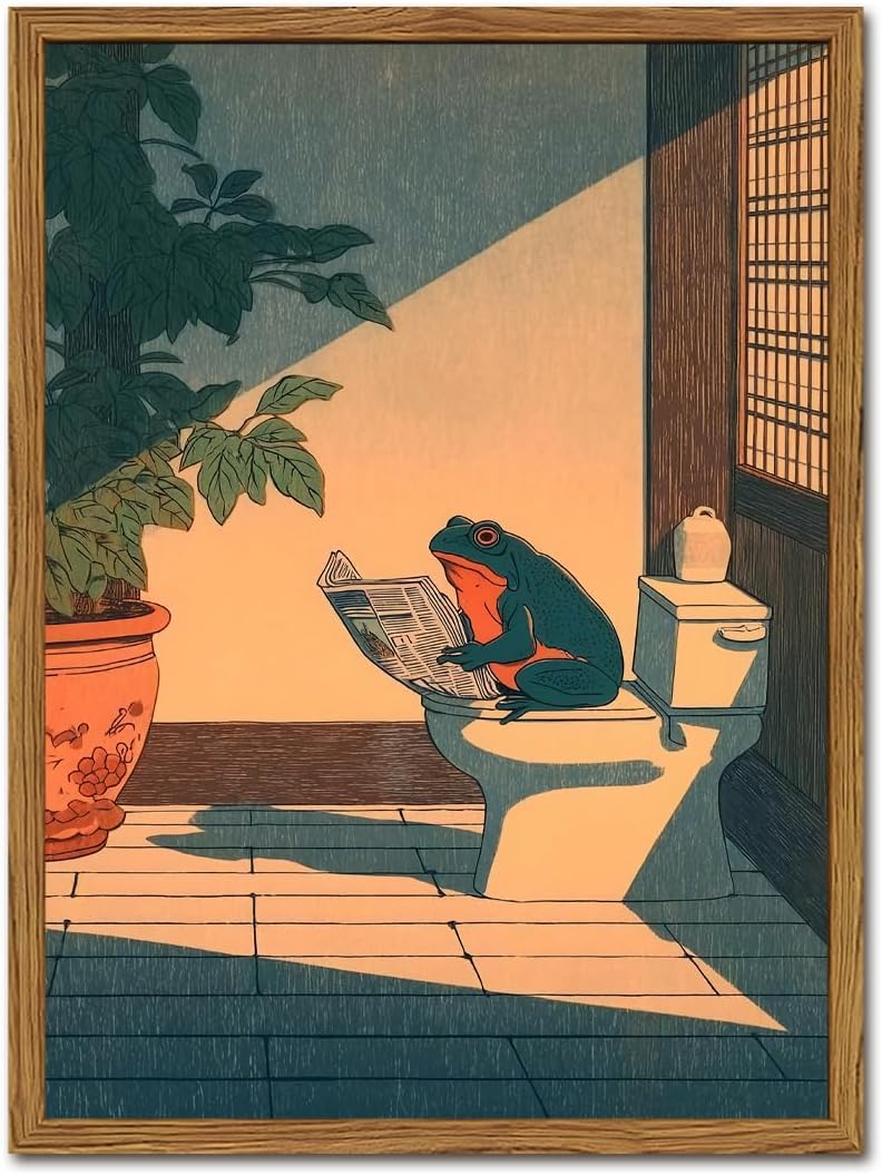 Funny Frog Bathroom Wall Art, Cute Japanese Frog in Toilet Wall Decor, Whimsical Green Animal Restroom Poster Canvas Painting Prints Artwork 16x24 inch Framed