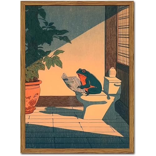 Funny Frog Bathroom Wall Art, Cute Japanese Frog in Toilet Wall Decor, Whimsical Green Animal Restroom Poster Canvas Painting Prints Artwork 12x16 inch Framed