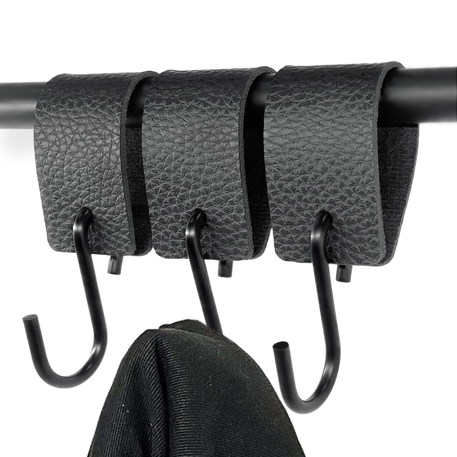 7 Ganci A S Per Macellaio In Acciaio Con Passante In Vera Pelle - Multiuso Anti-Caduta Fino A 10kg Per Cucina, Bagno, Guardaroba E Campeggio, Nero