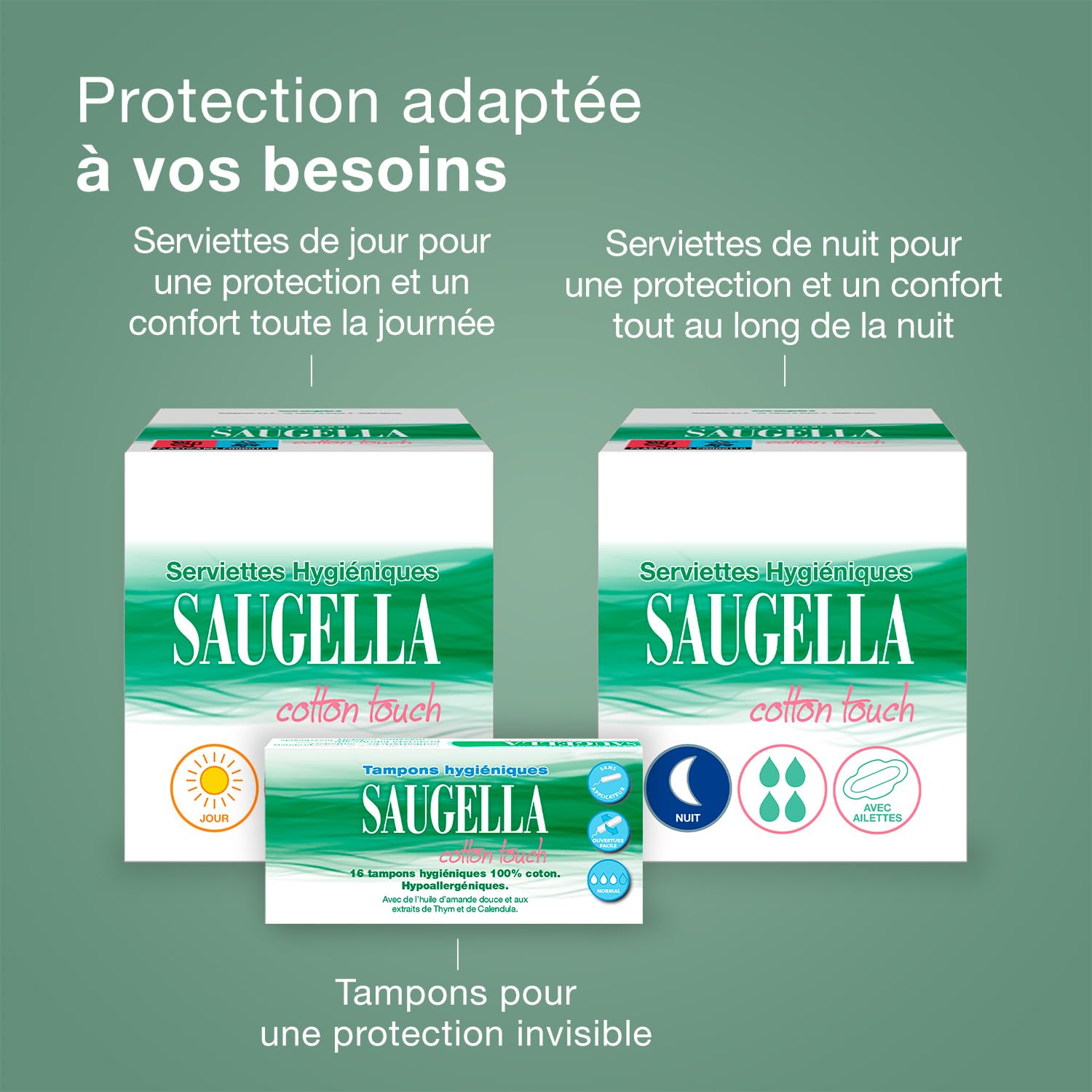 Saugella - Cotton Touch Day - Asciugamani Igienici - Molto assorbenti - Extra sottili - Ipoallergenici con ali - Antiodore - 56 tovaglioli - Set di 4 x 14