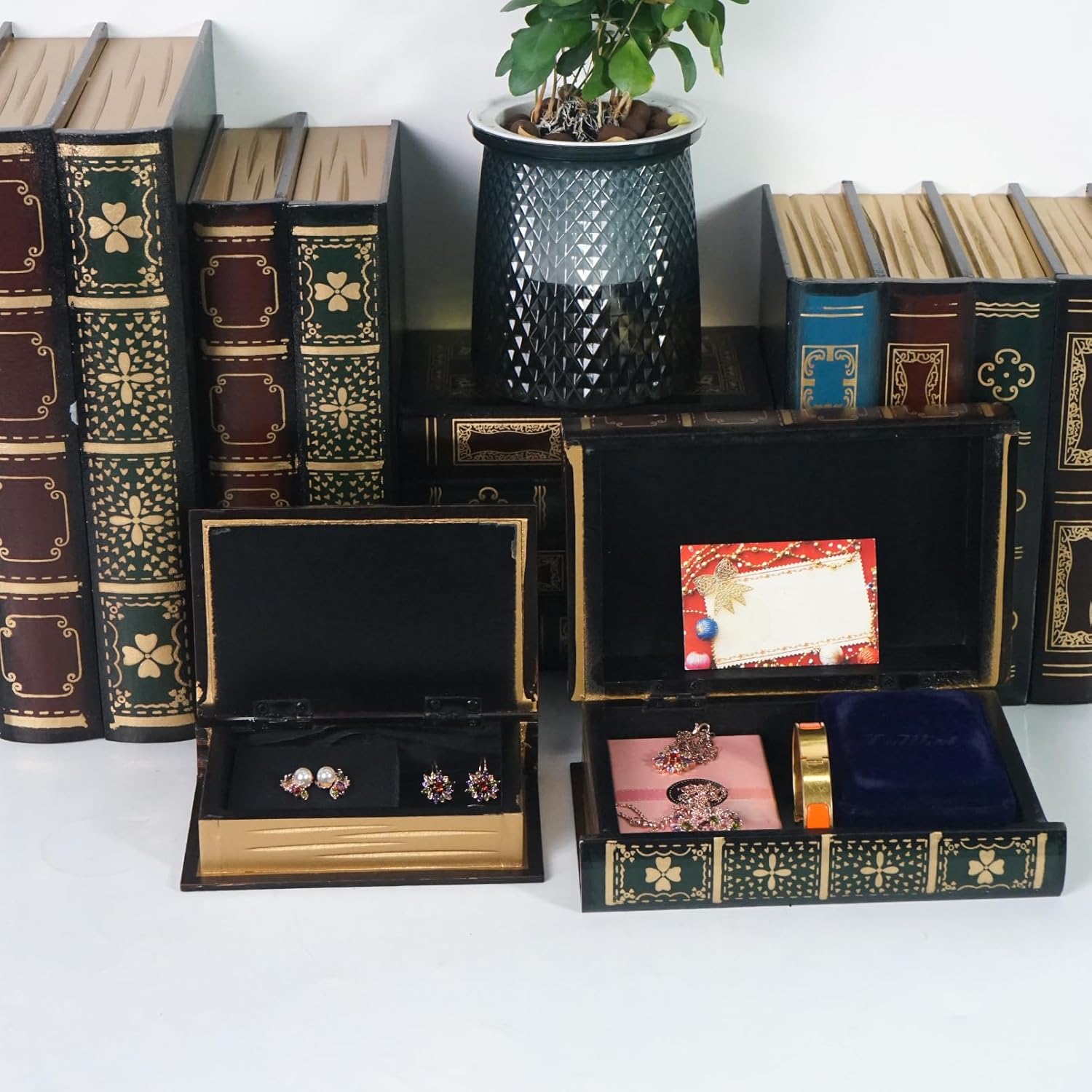 DreamsEden Wooden Book Box Set of 4 - Vintage Decorative Storage Boxes with Hinge Lid - Antique Stacking Books Style Box for Jewelry, Keepsakes, Home Office Decor