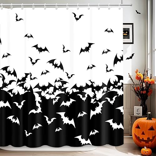 Miniatura 2 de MEHOFOND Cortina de ducha de murciélagos espeluznantes para Halloween, diseño de murciélago volador, cortina de baño decorativa de Halloween,