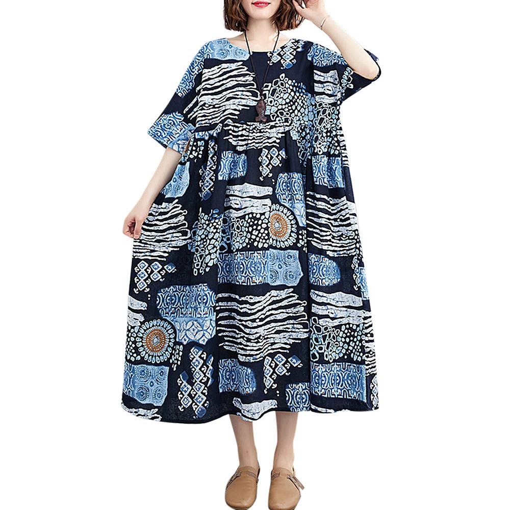 Women Cotton Linen Dress Casual Loose Bohemian Floral Maxi Dress with Pockets