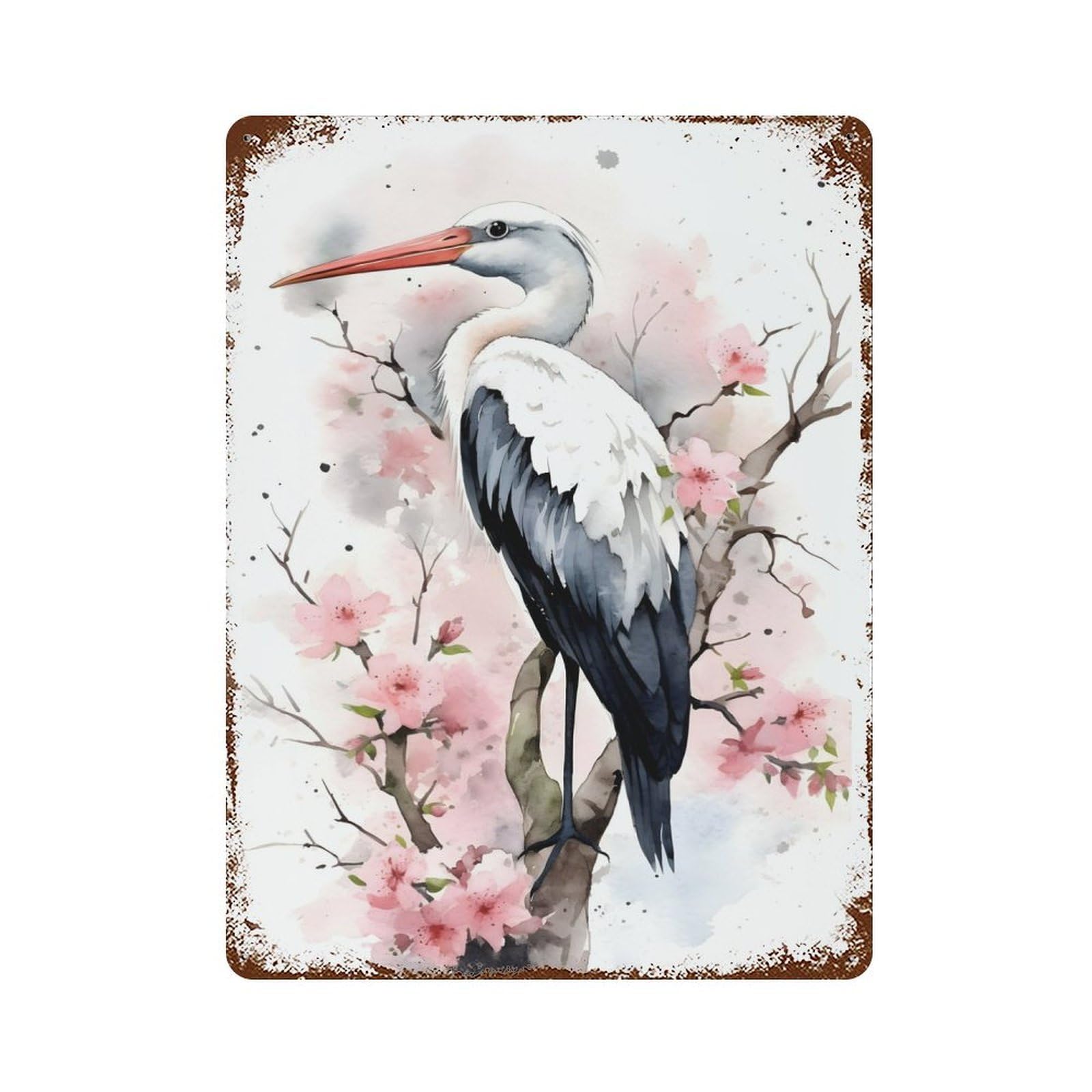Vintage Rust Metal Sign Stork Watercolor 15.7"x11.8", Decorative Metal Wall Art for Basement, Hobby Room And Garage Decor