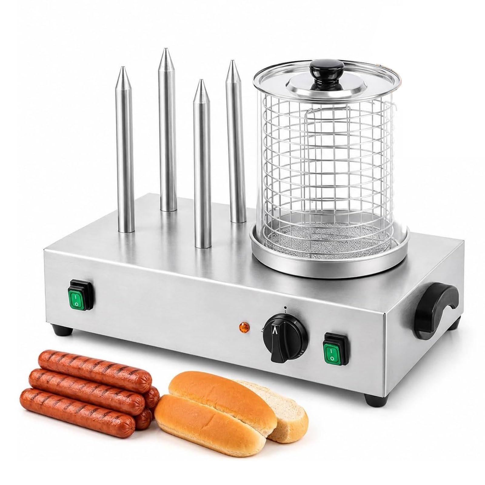 Máquina calentadora de panecillos y perritos calientes comercial 2 en 1 | Vaporera for perritos calientes de 700w/800w, acero inoxidable, Control de temperatura,hogar(3 Sticks)