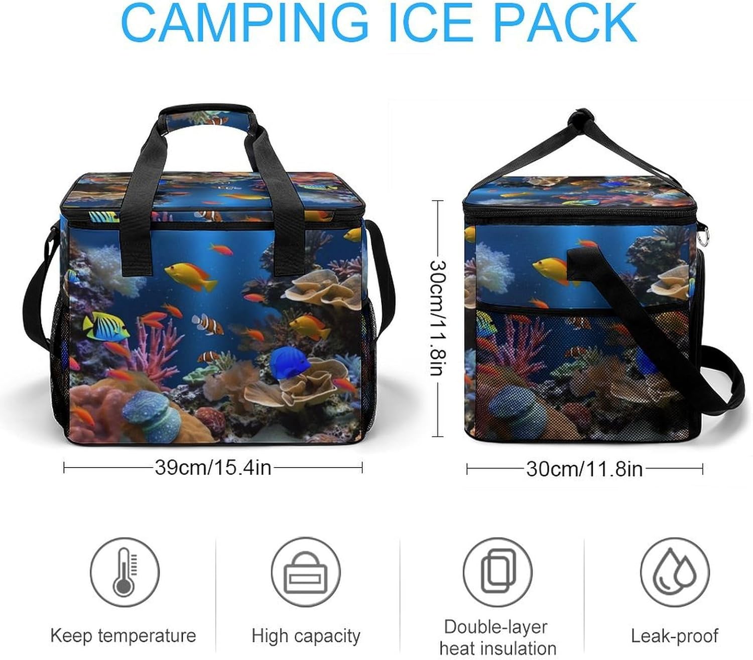 Large Capacity Oxford Cloth Marine Life Printed Camping Ice Bag, Outdoor Portable Insulation and Cooling Bag, Suitable for Outdoor Camping and Picnics