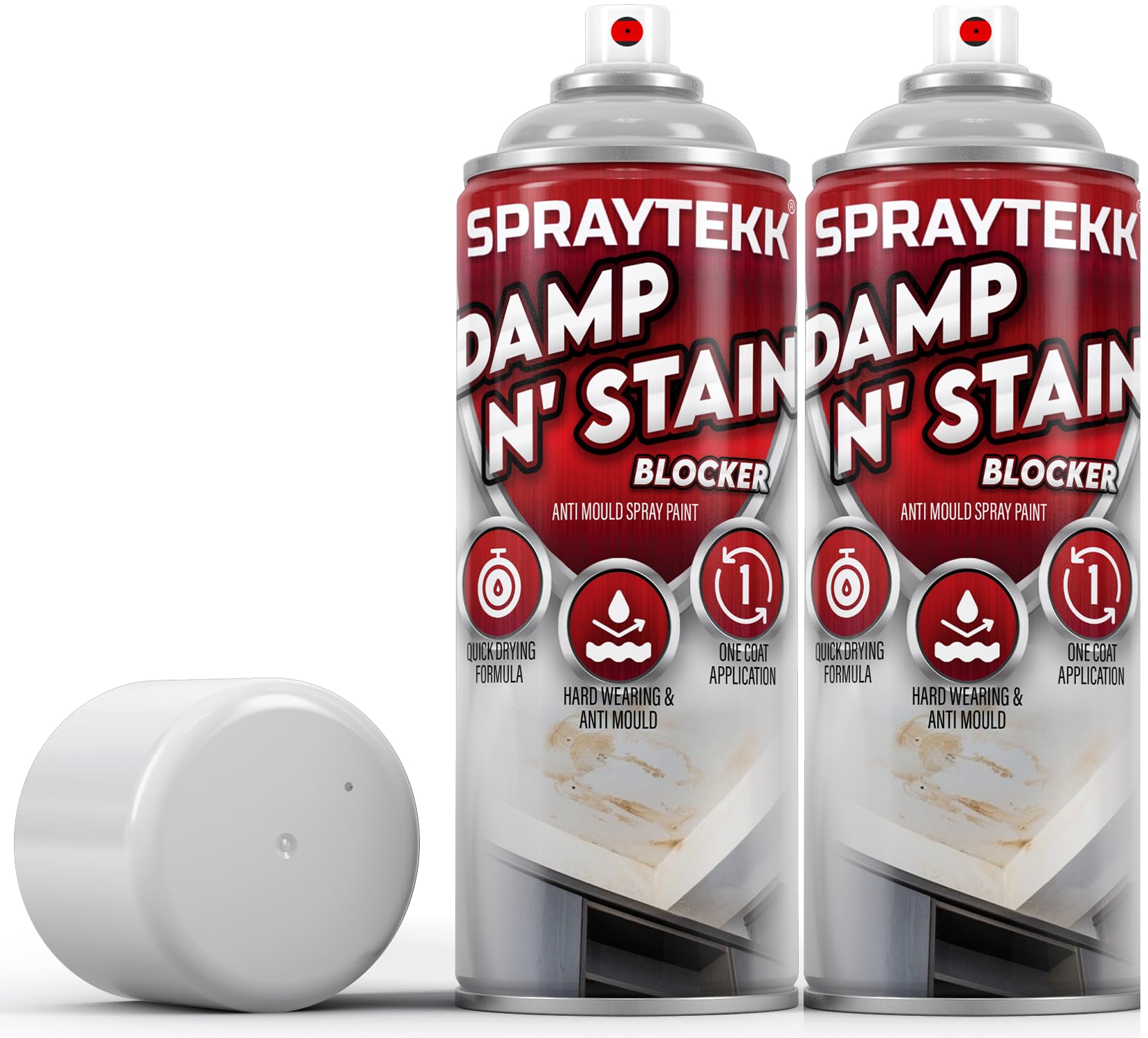 SPRAYTEKK Damp & Stain Block Primer Spray | 500ml | Matt White | Anti-Mould, Smoke & Stain Coverage | Interior Use on Plaster, Cement, Stone, Wood & Brick (Matt White, 500 g (Pack of 2))