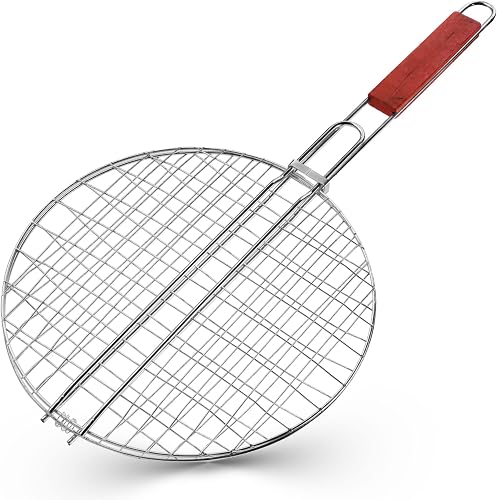 Large BBQ Grill Basket | Portable Grilling Basket Stainless Steel | Long Handle Grids & Grates Perfect for Grilling Fish Vegetables Chicken Wings Steaks Shrimp Meat (Large Round Grill)