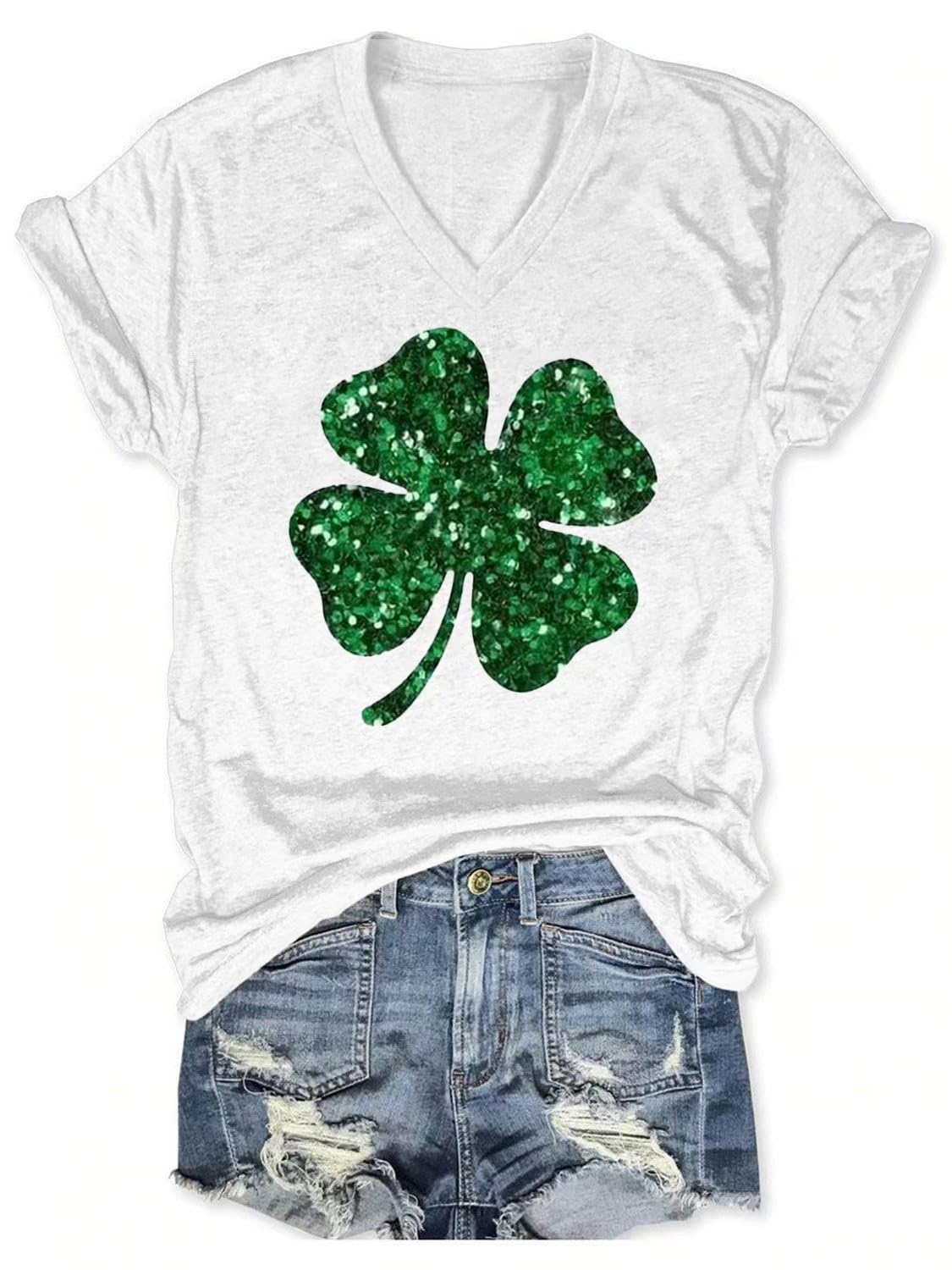 Womens St Patricks Day V Neck Shirt Funny Lucky Irish Shamrock Graphic Short Sleeve Tops Casual Spring Tees