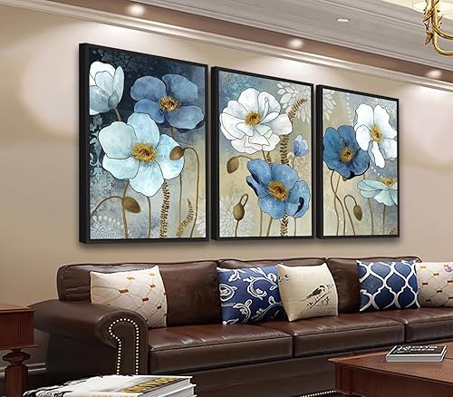 ASDCEUTICALS Arte de pared enmarcado grande  Decoración de pared de flores bohemias, cuadros florales retro, impresiones de lienzo botánico azul y