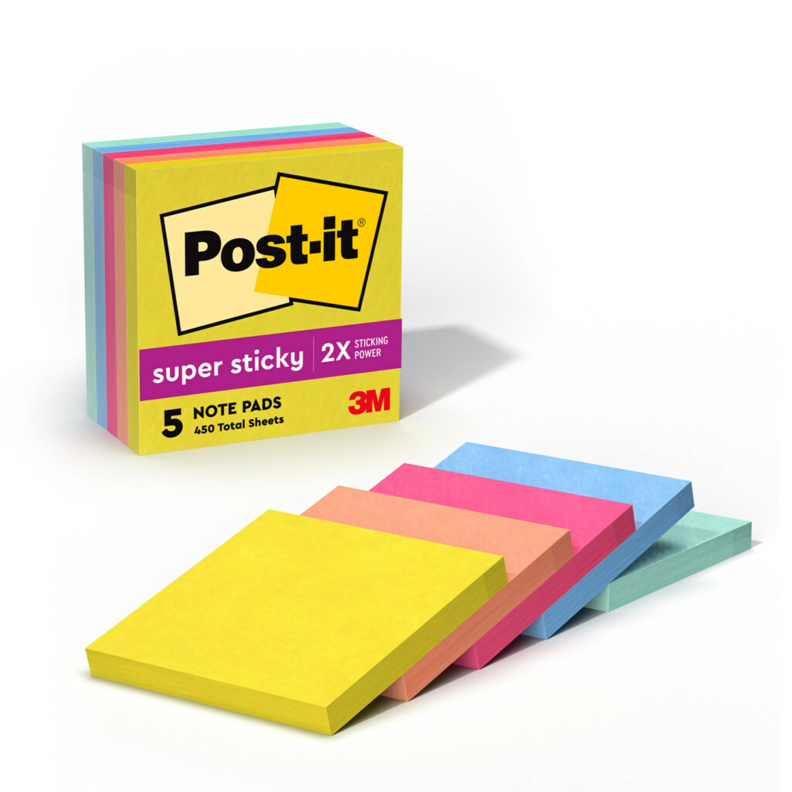 Post-it Super Sticky Notes, 5 Sticky Note Pads, 3 x 3 in., School Supplies, Office Products, Sticky Notes for Vertical Surfaces, Monitors, Walls and Windows, Summer Joy Collection