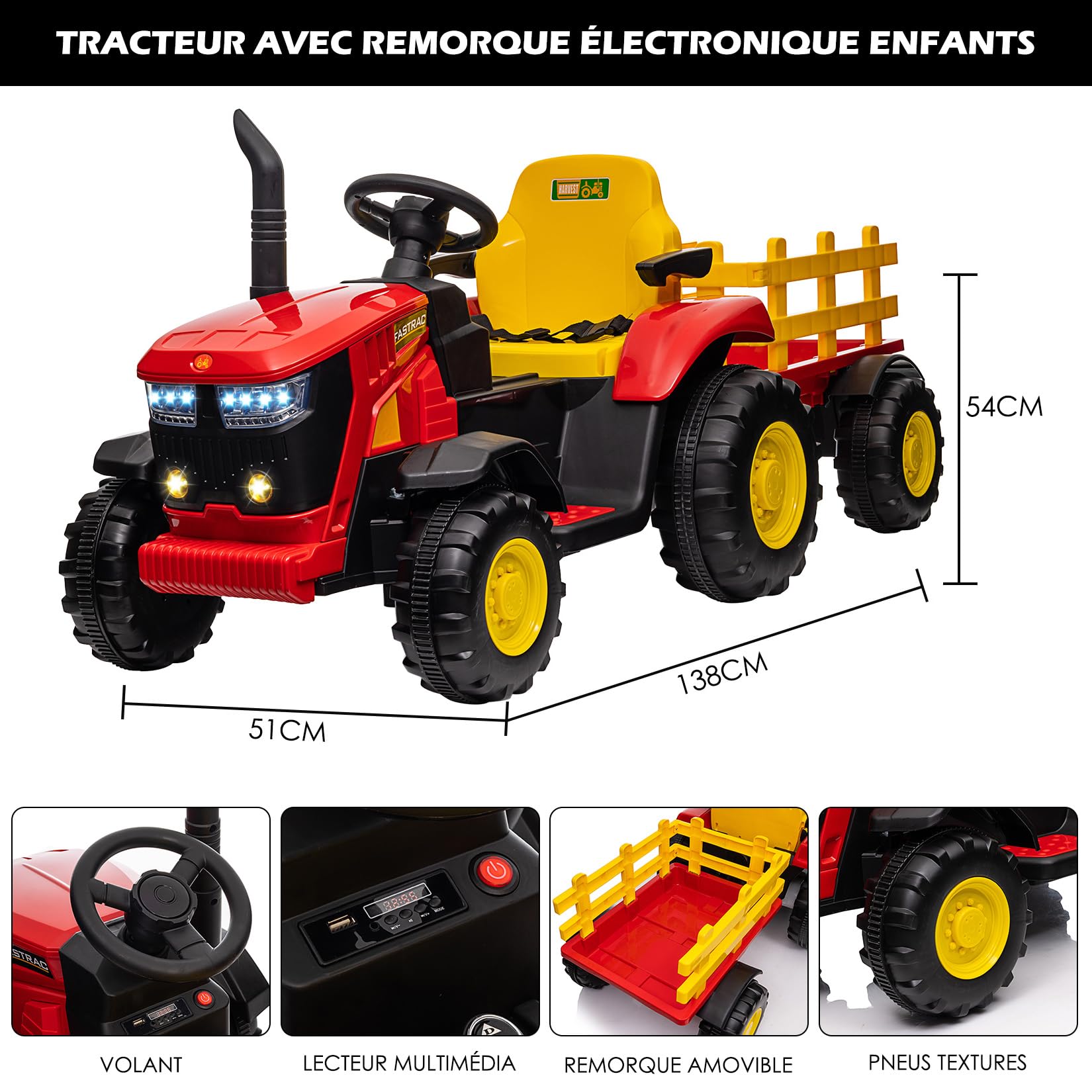 Garvee Elektrischer Traktor mit Anhänger, 12V Kinder Aufsitztraktor mit LED, Musik, Hupe,Doppelter 35W Motor, Kinderfahrzeug mit Fernbedienung 3-6km/h für 3+ Jahre Kinder (Rot)