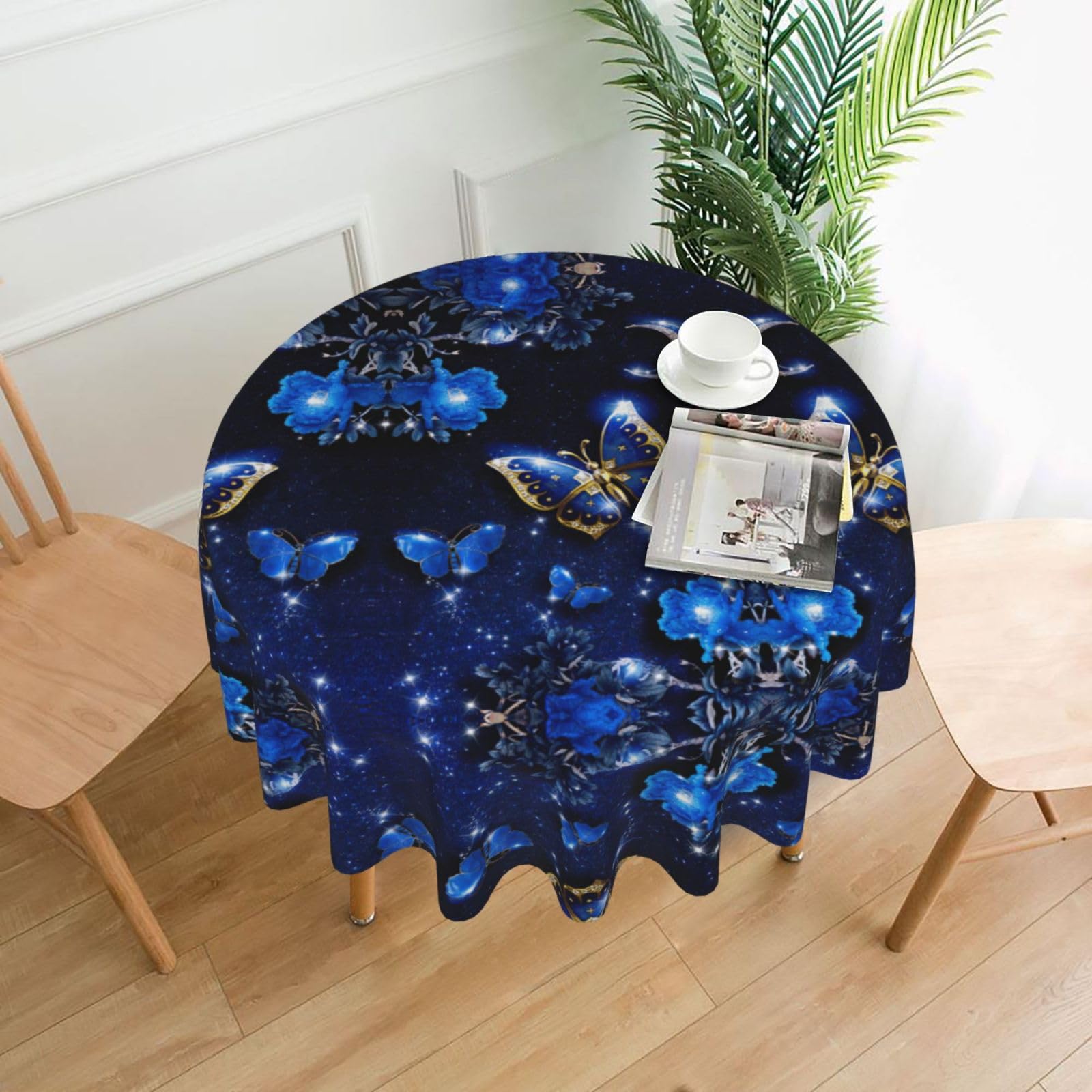 Zcmkjlg blue butterfly Print Quick Ship Round Tablecloth 60in Polyester Washable Cover for Dining Room