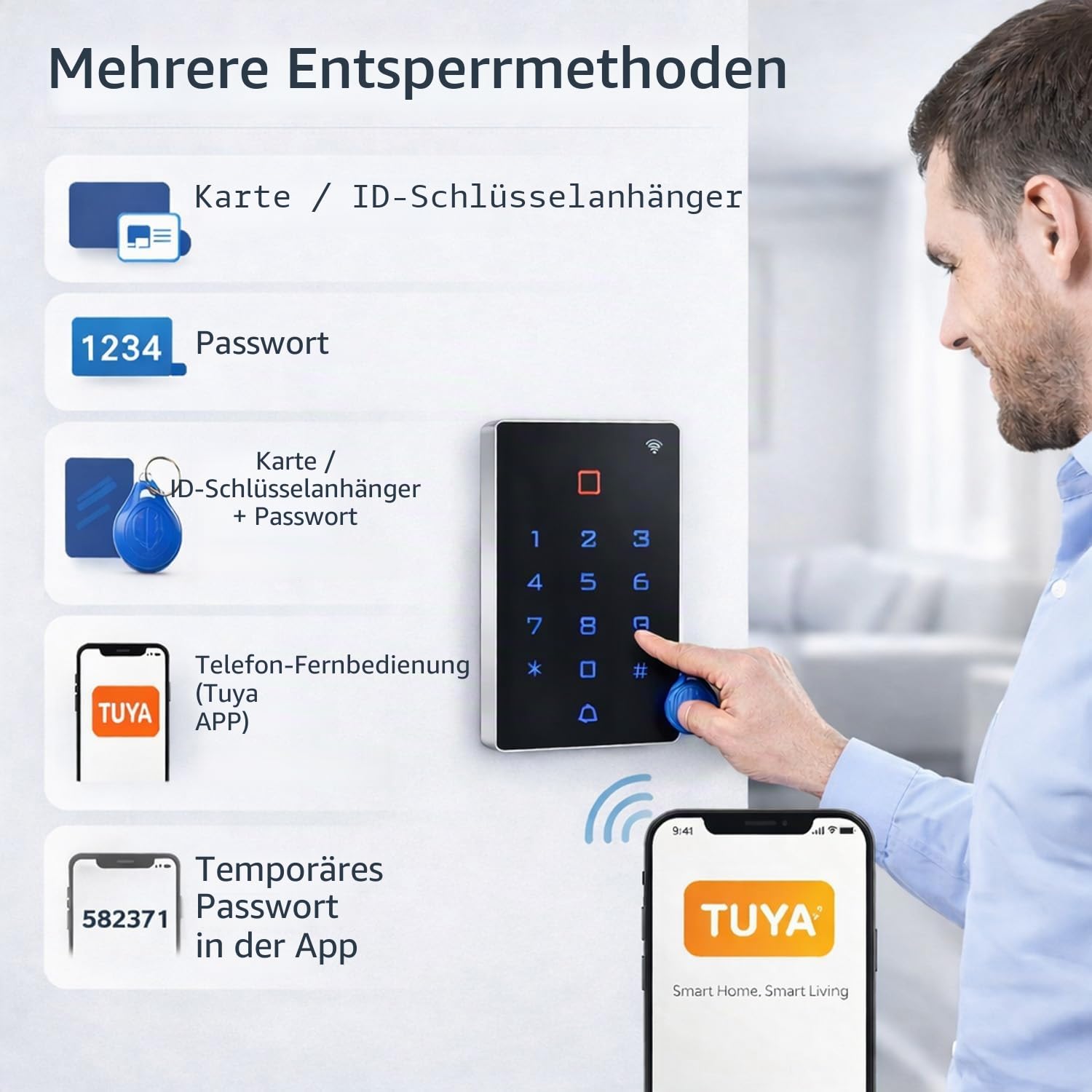 Tuya WiFi Zutrittskontrollsystem Set mit Codeschloss – IP68 Codetaster, 4 Öffnungsarten mit App-Fernsteuerung, 125kHz, DC12V, WG26/34, inkl. Netzteil,Exit-Taster,Klingel,Elektrotüröffner, 10RFID Tags