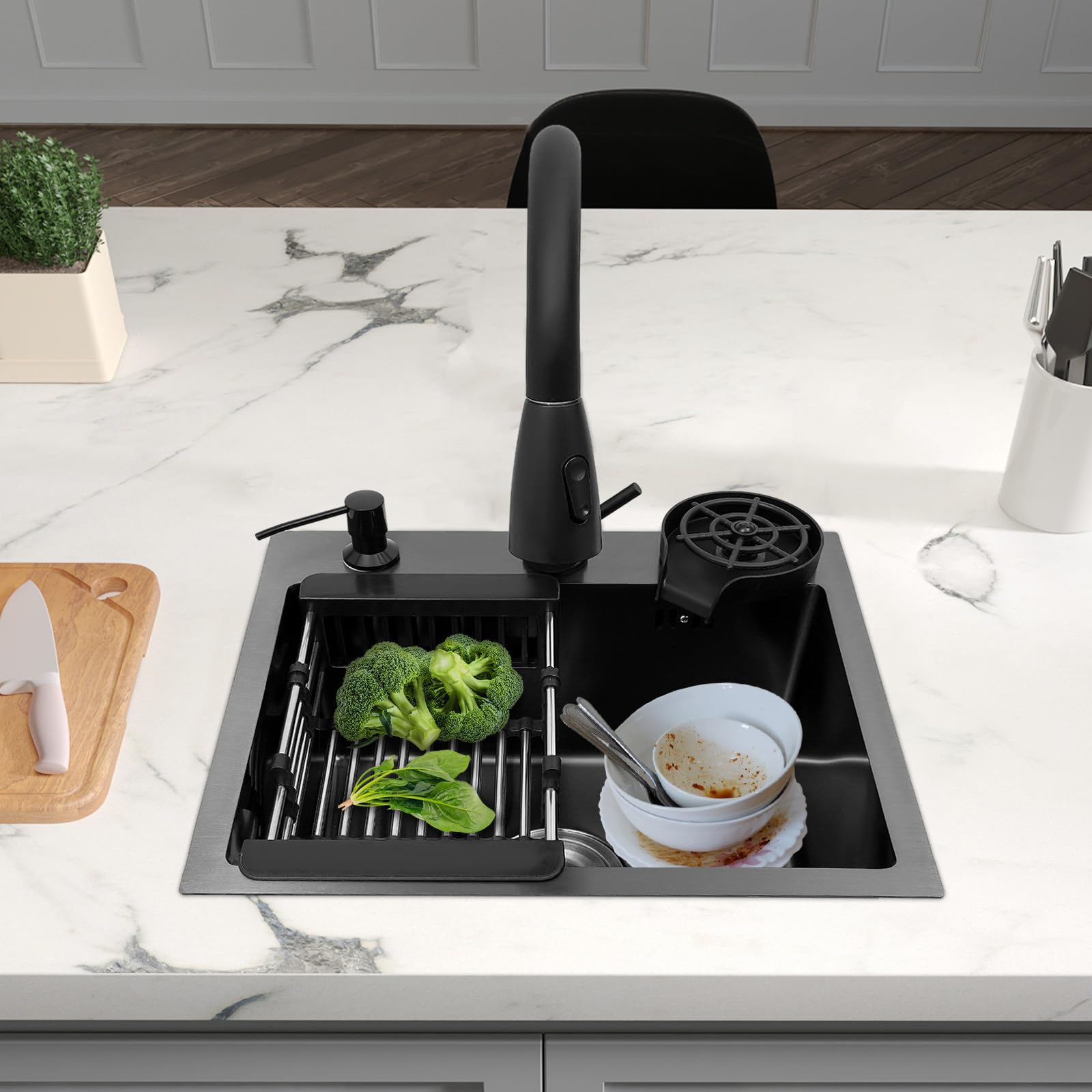 Fregadero de cocina de 45 x 40 cm, color negro, 1 cuenco, con grifo extensible y lavavajillas de tazas, fregadero cuadrado empotrable de acero inoxidable con escurridor y dispensador de jabón