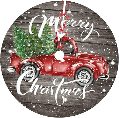 Alfombra de 36 pulgadas para árbol de Navidad con diseño retro de granja roja y roja con nieve y nieve, suministros divertidos para decoración de