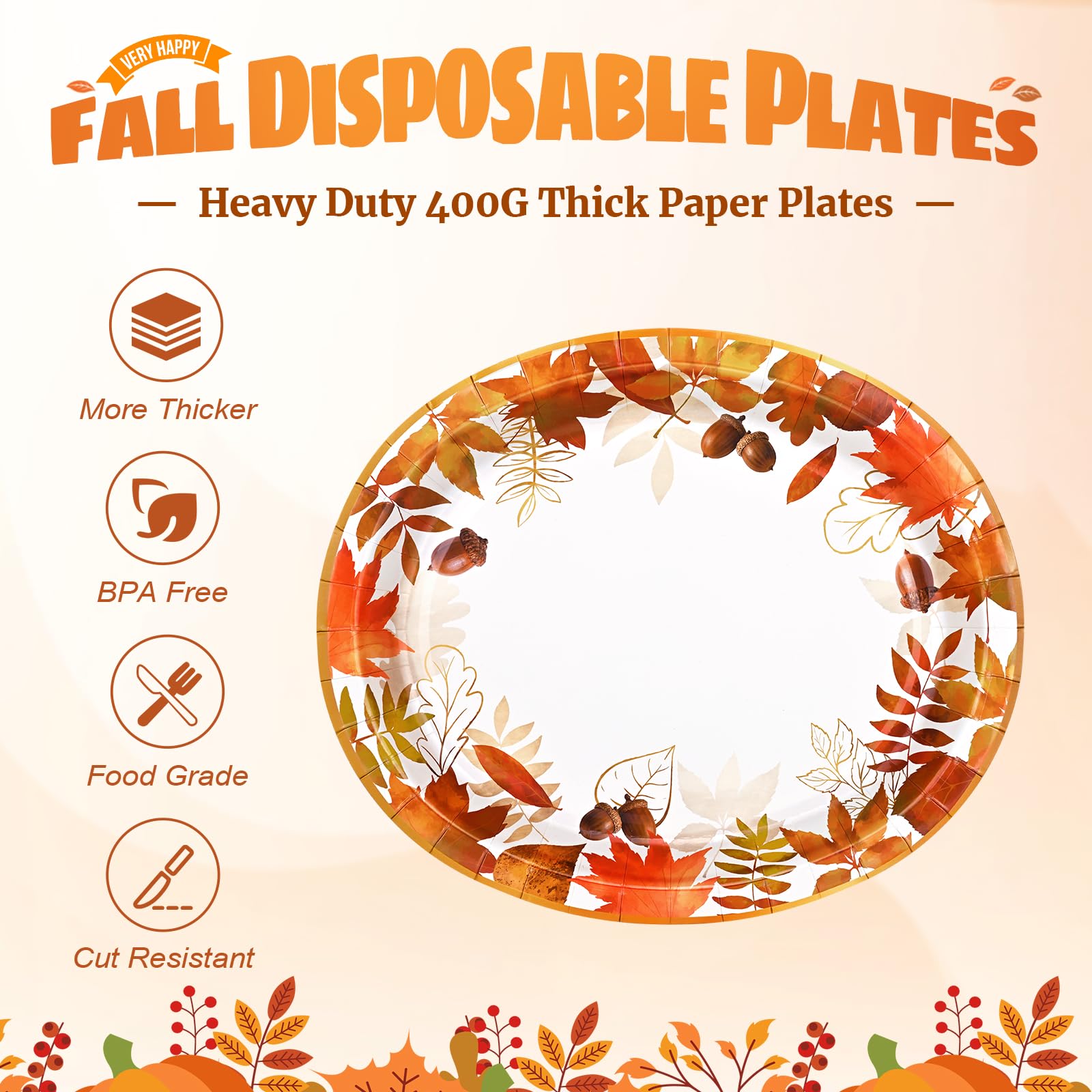 Umigy 50 Piatti Di Carta Ovali 25,4x30,5 Cm, Con Motivo Autunnale Di Zucche E Foglie, Robusti 350g, Usa E Getta Per Feste E Ringraziamento