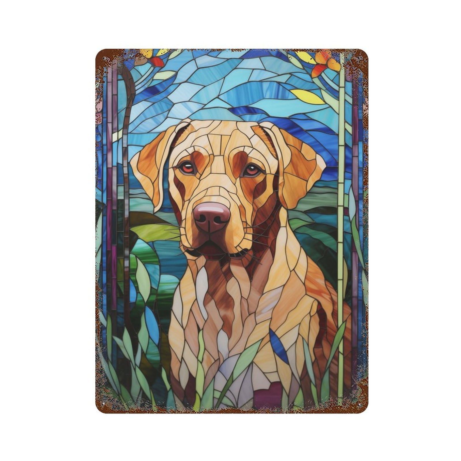 Stained Glass Labrador Rustic Tin Plaque 15.7"x11.8", for Shed, Workshop And Garage Wall Decor, Shabby Chic Decor