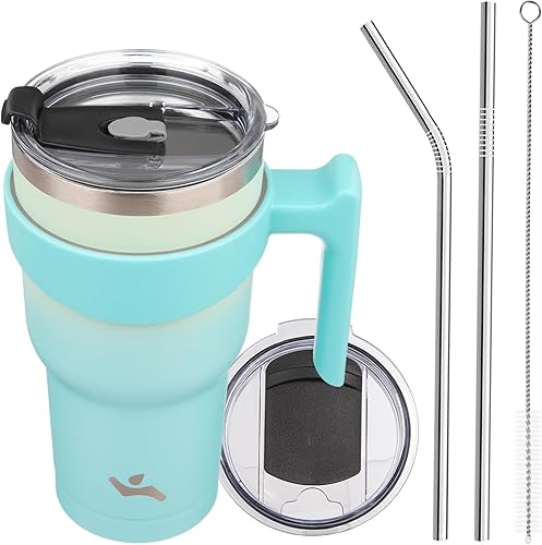 Vaso de 30 onzas con asa y 2 pajillas, 2 tapas, botella de agua aislada de acero inoxidable al vacío, taza reutilizable para viaje, menta