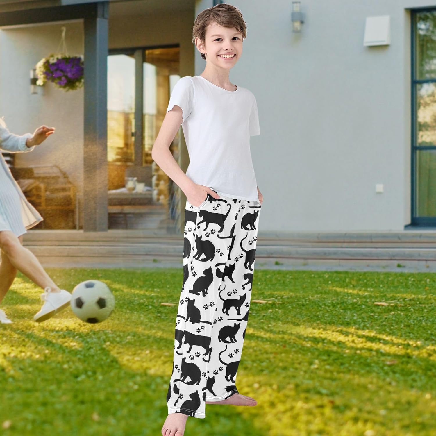 visesunny Boys' Pants Loose Lounge Jogger Pants Elastic Waist Pattern Long Bottoms Trousers with Tow Pockets Size S-XL