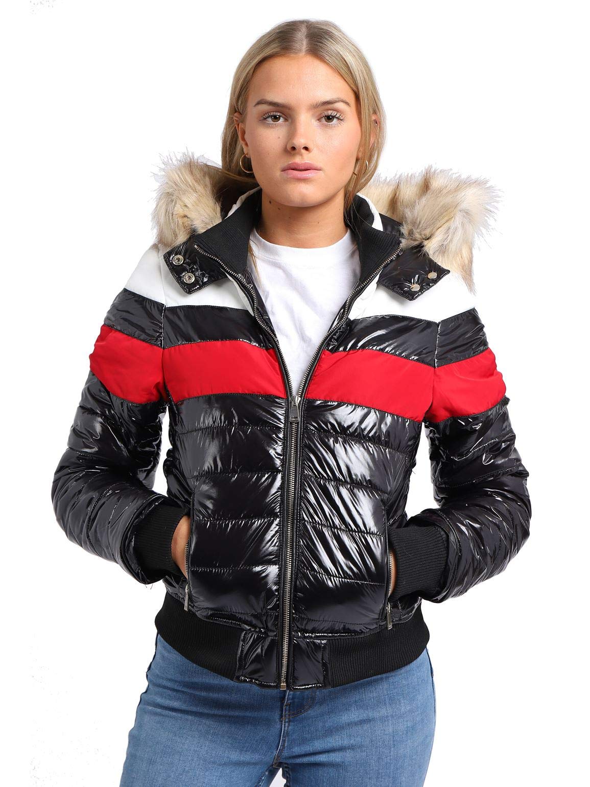 SS7 Womens Wet Look Puffer Jacket with Faux Fur Black - Red