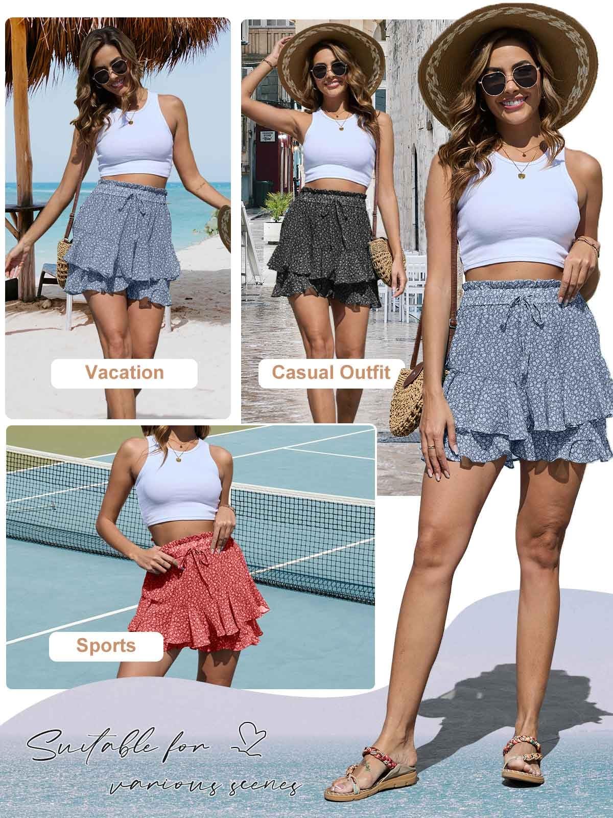 Yutdeng Pantalones Cortos Mujer Fluidos Gasa Falda Pantalon Mujer Estampado Floral Shorts Mujer Verano Elástica Cintura Alta Pantalon Corto Mujer Ligero Elegantes Casual Bermudas Playa Boho Volante