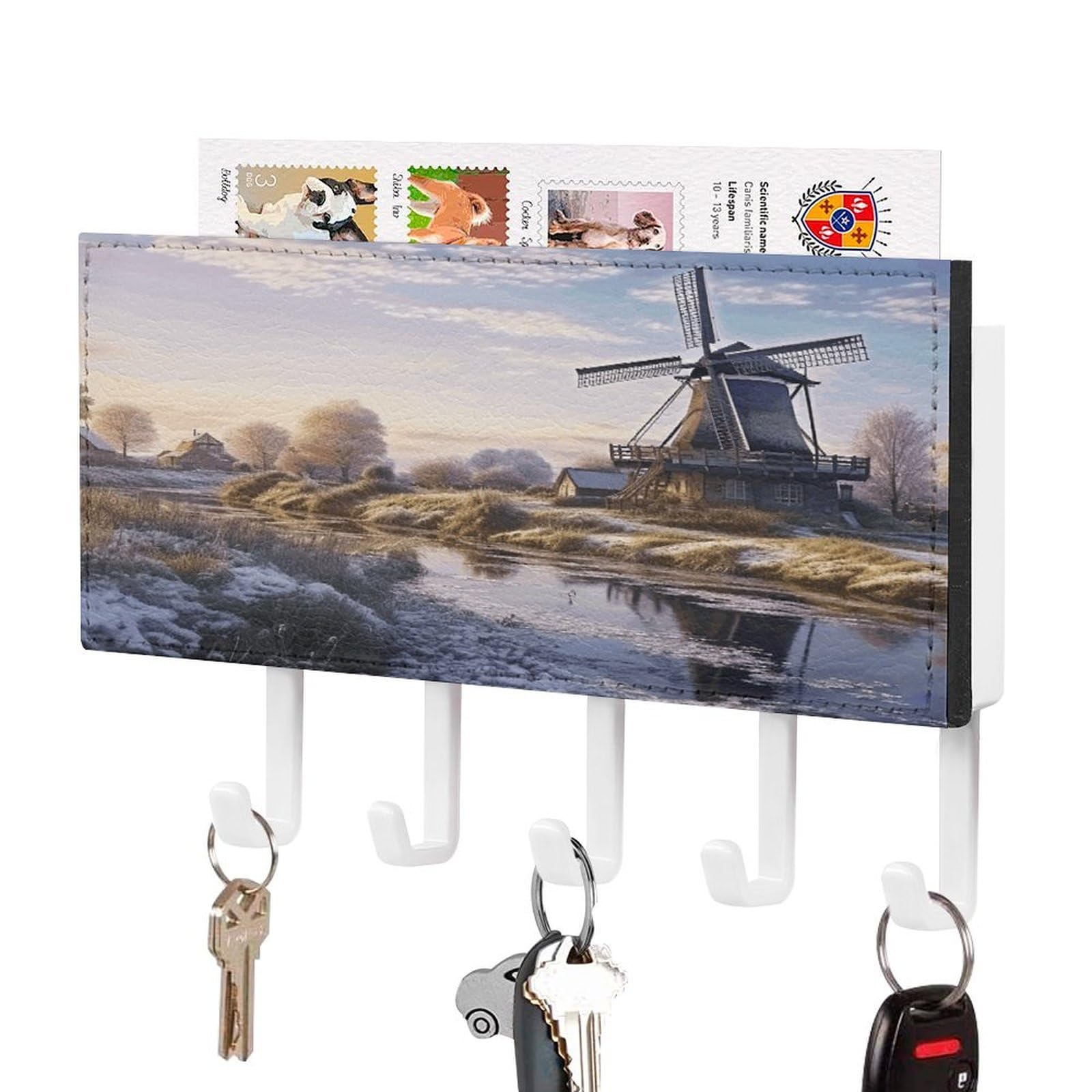 FekiLoot Landscape with A Traditional Windmill Key Holder for Wall Decorative Mail Organizer with 5 Key Hook Self Adhesive Key Rack with Tray Coat Rack Wall Mount Key Hanger Decor for Entryway Door