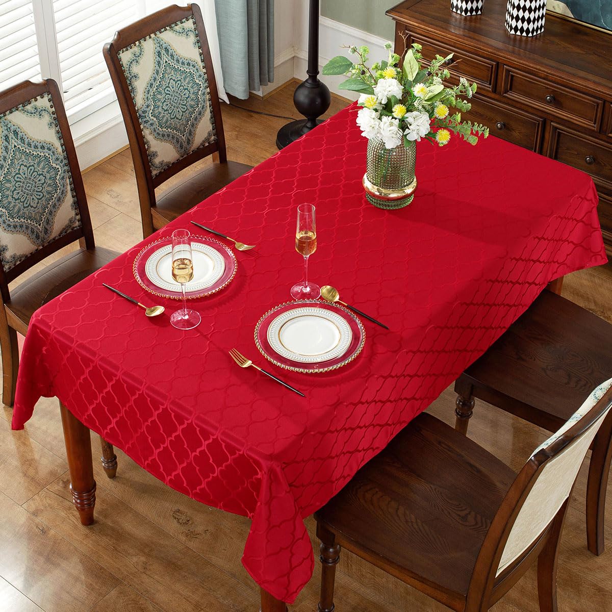 SASTYBALE Jacquard Tablecloth Flower Pattern Polyester Table Cloth Spill Proof Dust-Proof Wrinkle Resistant Table Cover for Kitchen Dining Tabletop (Red - Image 3