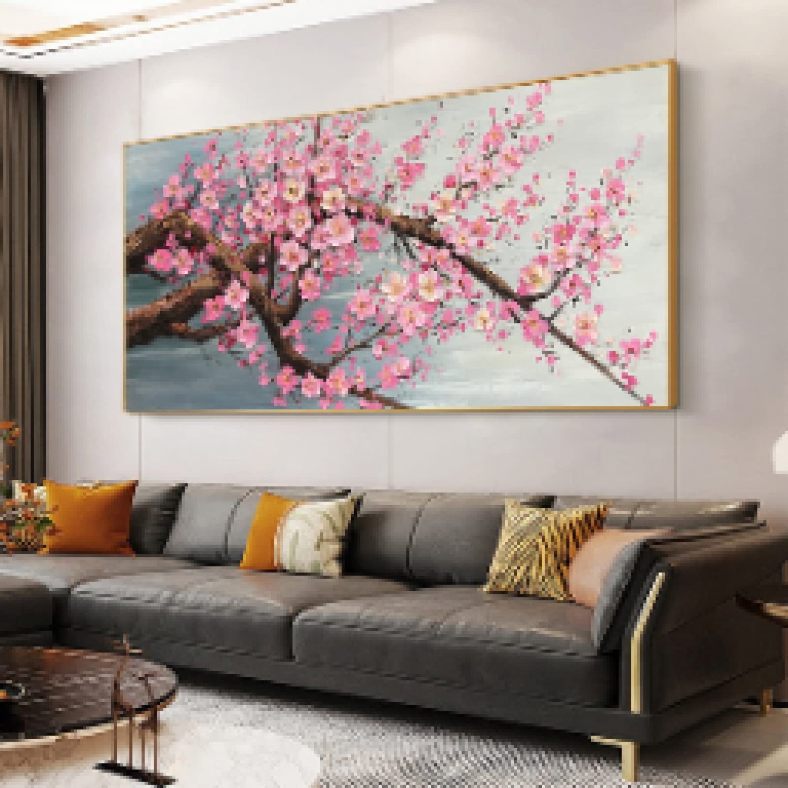 Pink Cherry Blossom Canvas Wall Art Paintings Blooming Floral Large Size Modern Living Room Gold Frame Wall Decor 60x126cm/24x50in With Golden Frame
