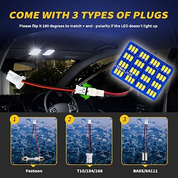 AUXLIGHT Car Interior LED Lights Accessories with 194 168 T10 / BA9S / DE3175 6418 211-2 578 Festoon Adapters, 48-SMD Panel Lamps for Dome Map Door Trunk Courtesy License Plate Lights (6000K White)
