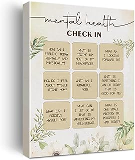Mental Health Check in Quote Canvas Inspirational Decor Motivational Poster Picture Artwork 11.5"x15", Painting Gift for Therapist Counselor Office Home Decor (Wooden Framed)