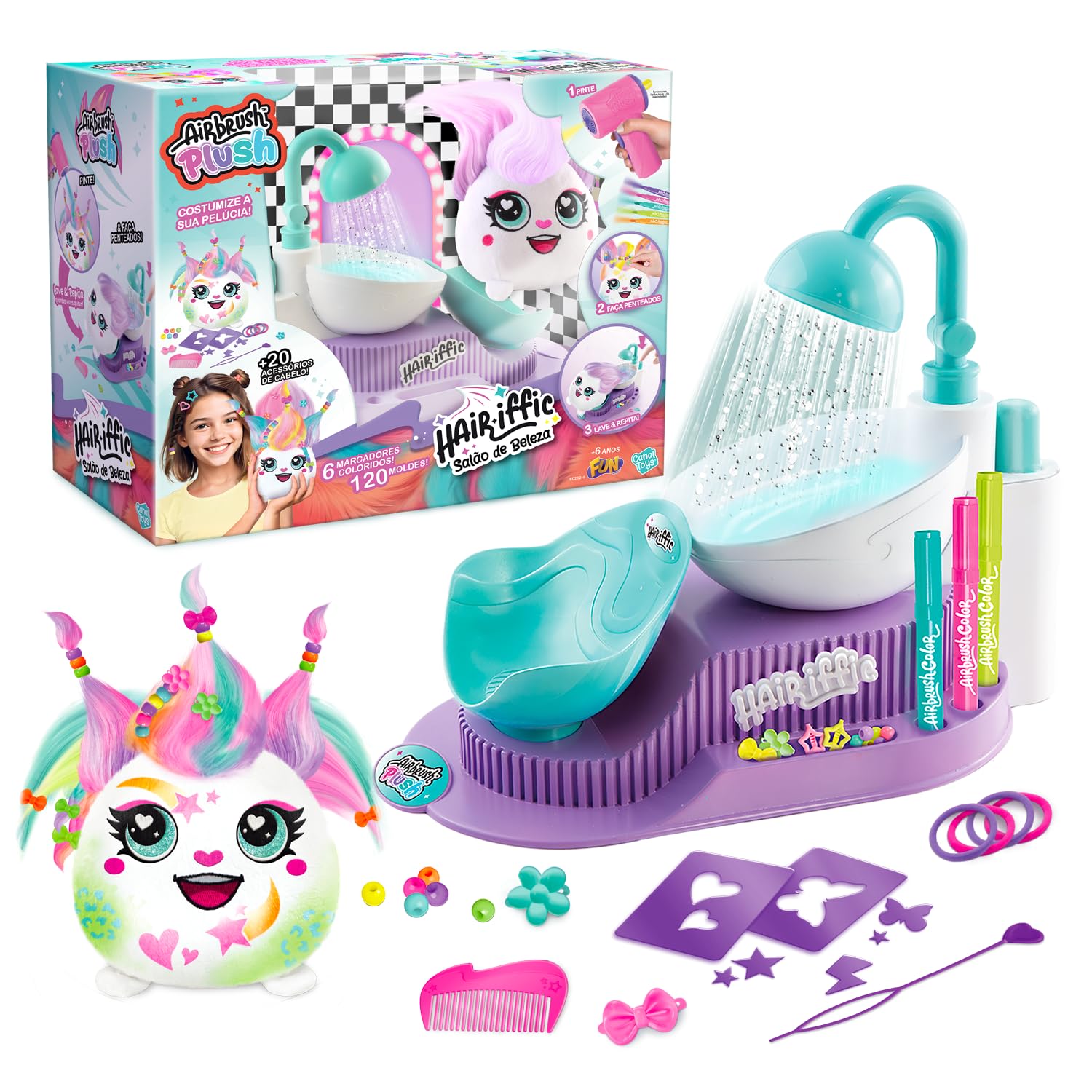 Canal Toys Hair'iffic Salon Airbrush Plush Doudou with Aerografo Stencil Stazione di Lavaggio Creativo Riutilizzabile