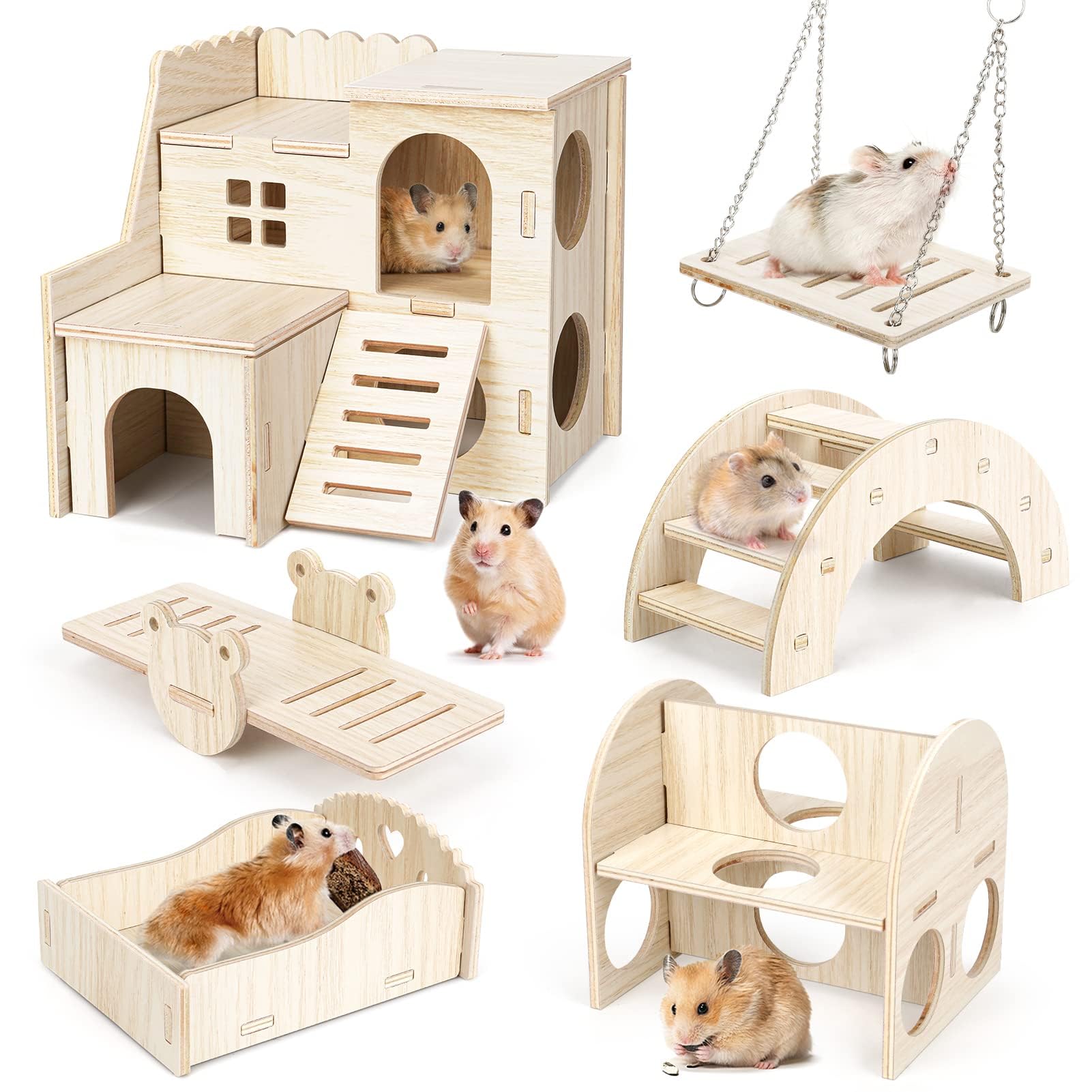 Hamster House, Pack of 6 Wooden Hamster House Toys for Hamsters Made of Wooden Hamster Chew Toy Hamster Hiding Place House Training Toy for Chinchilla, Guinea Pigs, Gerbil