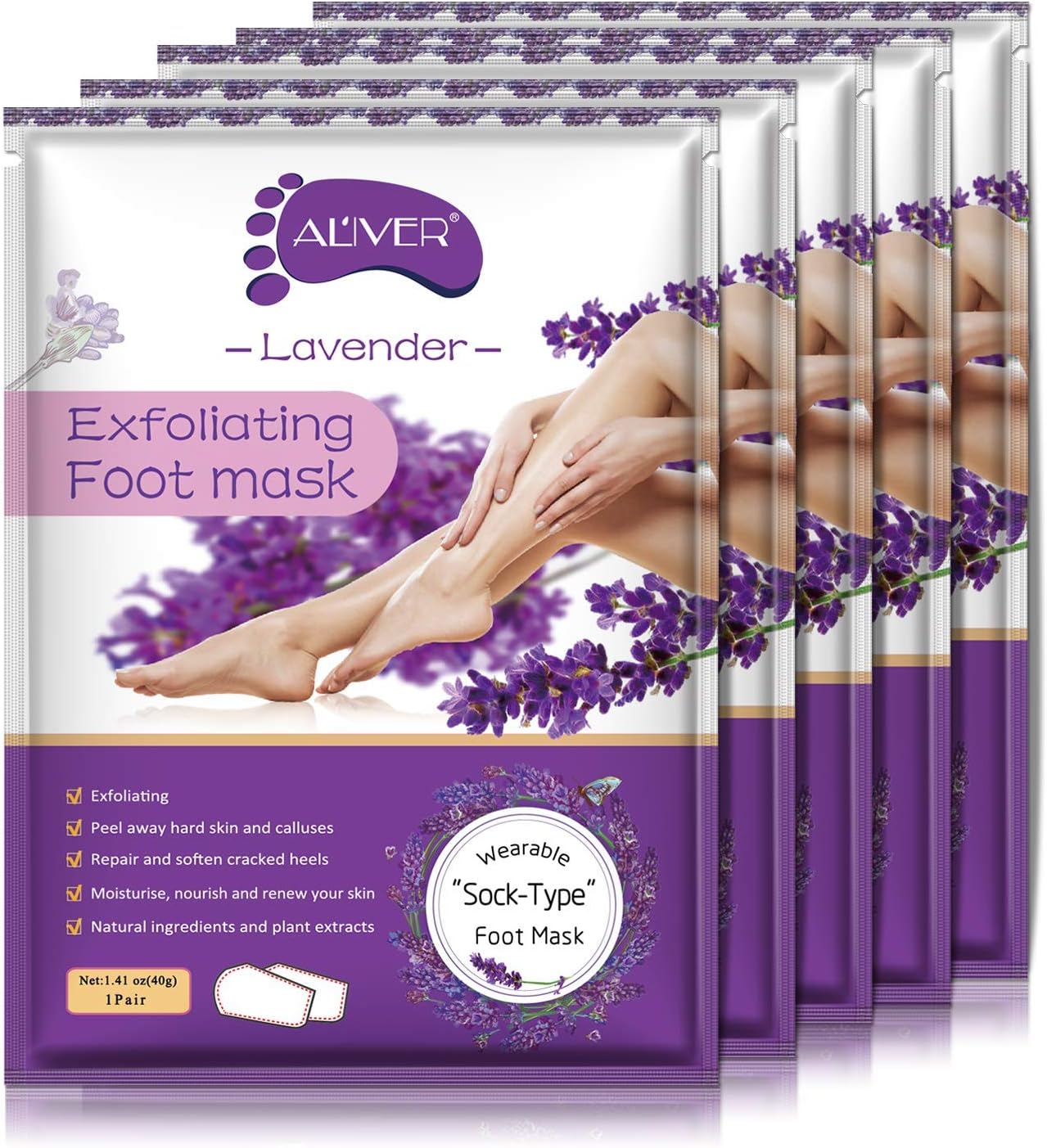 ALIVER Foot Peel Mask - 5 Pack, Exfoliating Feet Mask For Baby Soft Skin, Repair Dead Skin, Calluses, ed - Lavender