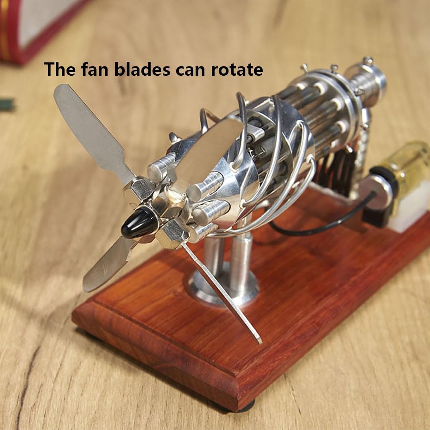 Modelo de motor aeronáutico: placa oscilante de 16 cilindros, motor de aire caliente con hélice giratoria de 4 palas, cilindro calentado y base de madera maciza para experimentos científicos