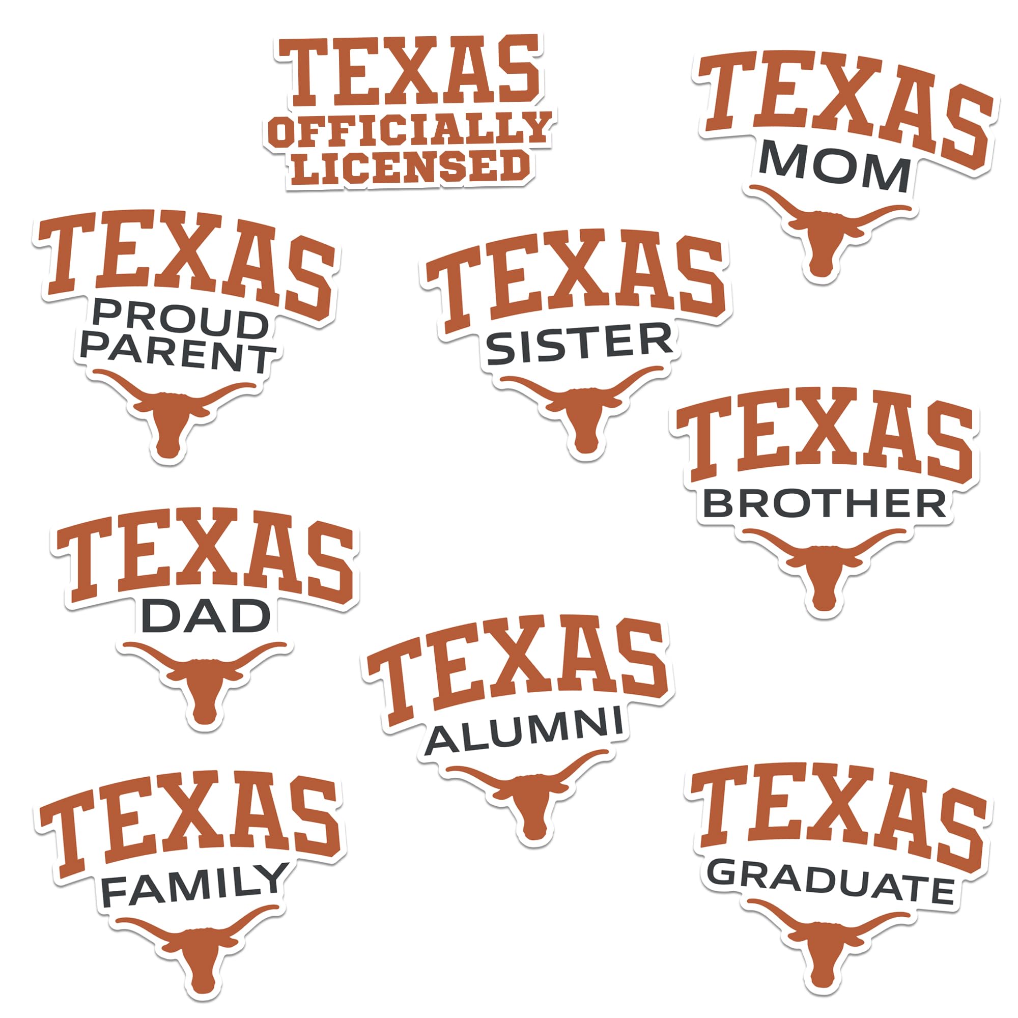 University of Texas Family Pack 8ct Vinyl Large Deluxe Stickers Variety Pack - Laptop, Water Bottle, Scrapbooking, Tablet, Skateboard, Indoor/Outdoor