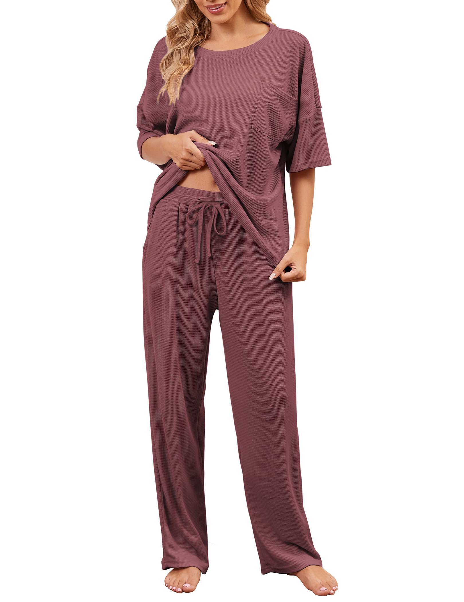 JiniGolla Womens Pajama Sets Waffle Knit Short Sleeve Shirt with Long Pajama Pants Soft Sleepwear Pj Lounge Sets