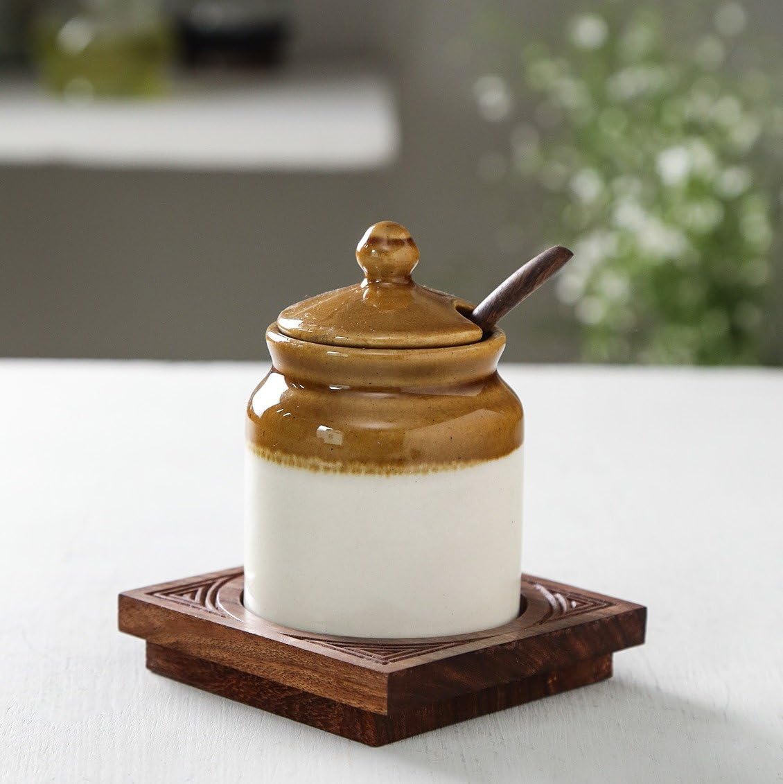 Unravel India ceramic Pickle jar & spoon set with wooden base stand