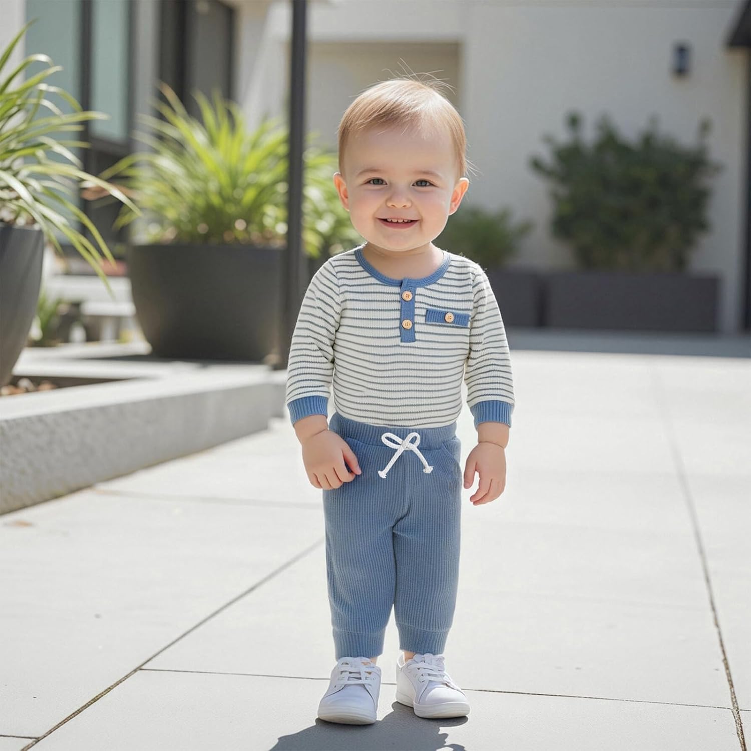 FOMOYUU Newborn Baby Boy Clothes Waffle Striped Long Sleeve Sweatshirt Pullover Tops and Pants Sets Fall Winter Outfits - Image 6