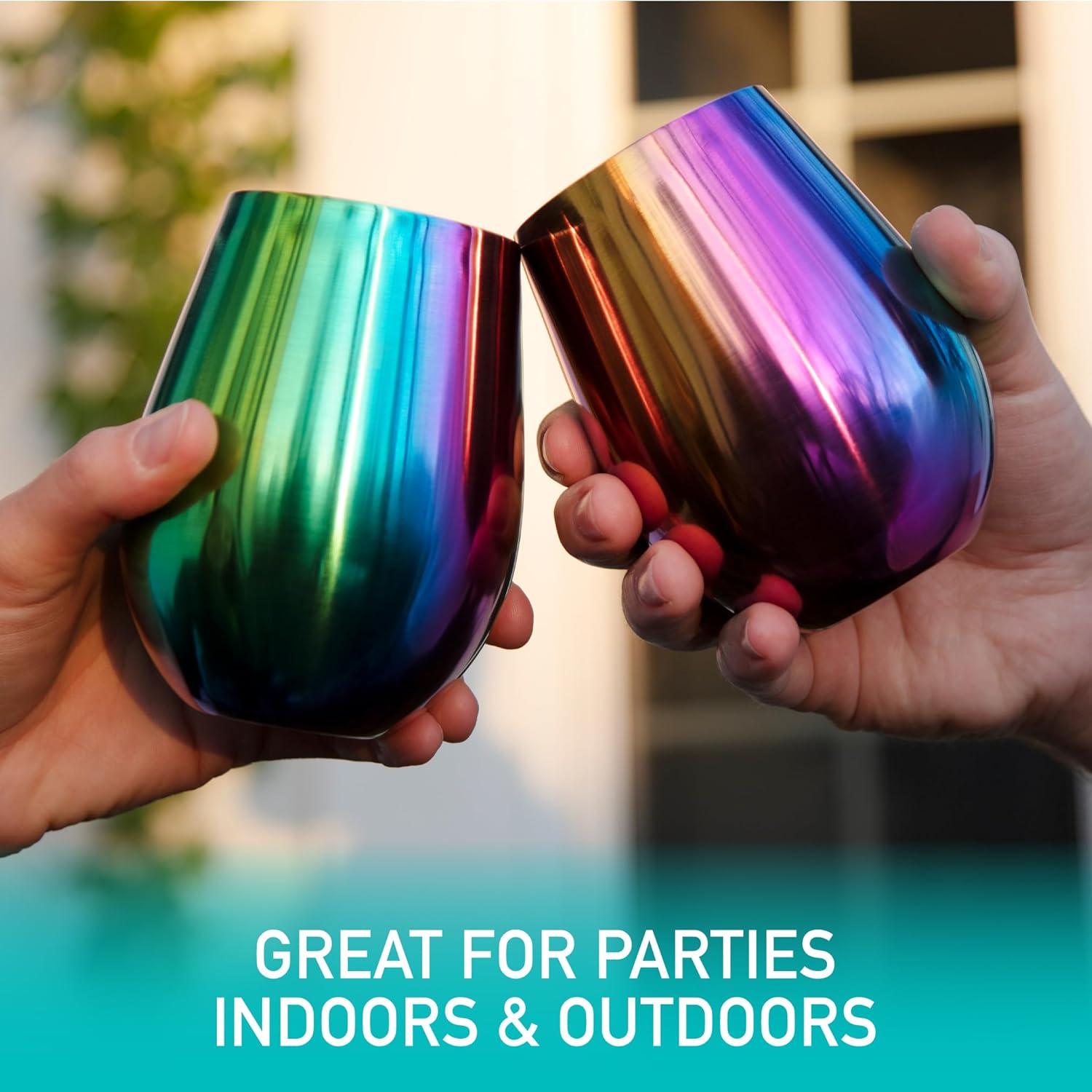 Deco Unbreakable Holographic Stainless Steel Wine Glasses (16 oz, Set of 4)- Shatterproof, Reusable Tumbler Glassware- Indoor Outdoor Drinkware for Entertaining & Parties - Keeps Beverage Cool Longer