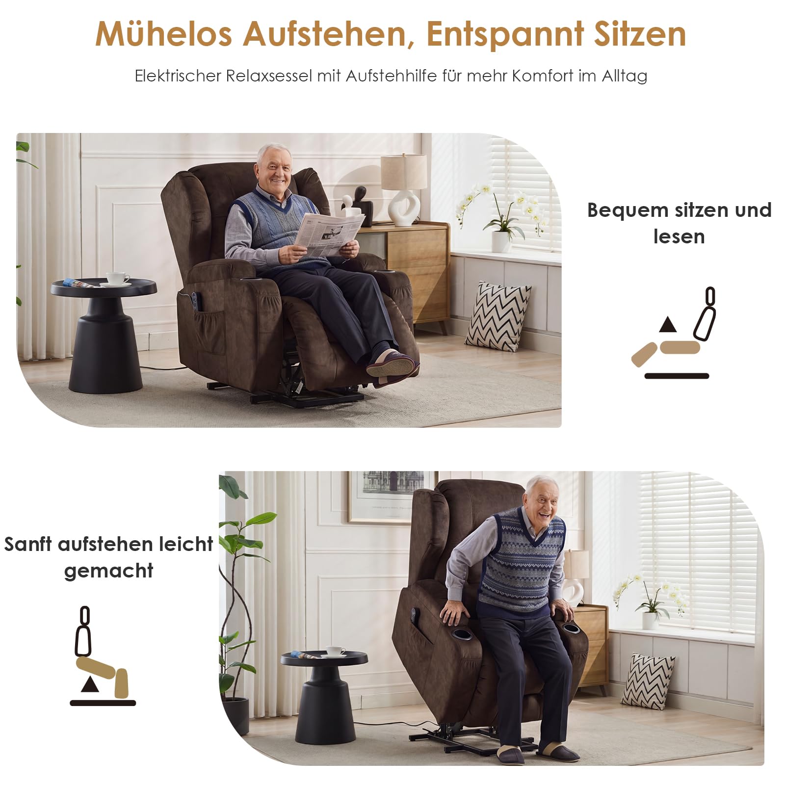 SAMERY Fernsehsessel mit Aufstehhilfe, Relaxsessel mit Liegefunktion, Fernsehsessel Elektrisch Verstellbar TV-Sessel mit Massage Heizung, USB-A, USB-C, Getränkehalter (Kastanienbraun, 1 Sessel)