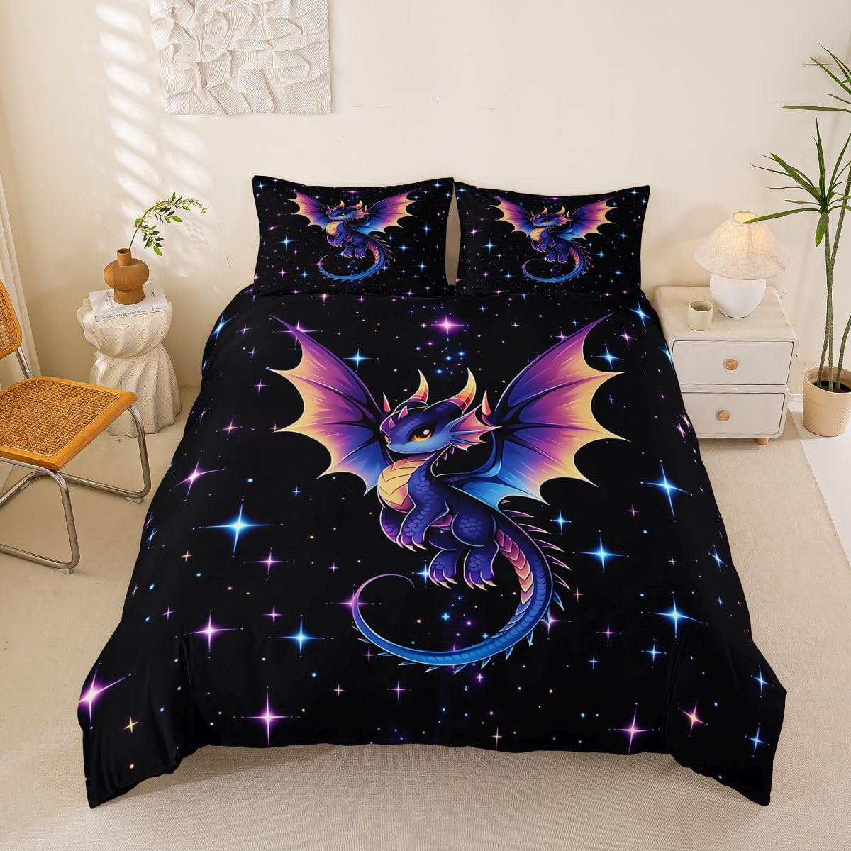Homewish Set di biancheria da letto con copripiumino per letto super king size, motivo drago 3D, per bambini e ragazzi, galassia misteriosa e cielo stellato