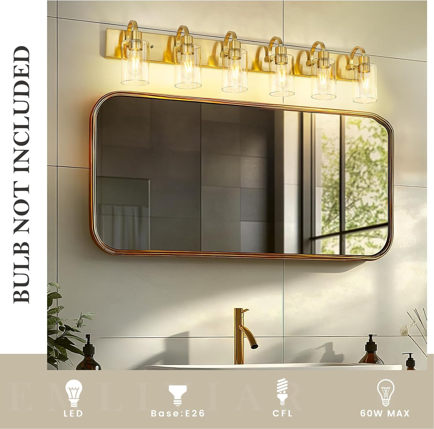 Emliviar Large 6-Light Vanity Lighting for Powder Room, 44.7 Inch Wall Lamp Over Mirror with Clear Glass Shade, Brushed Gold Finish, YCE237B-6W BG