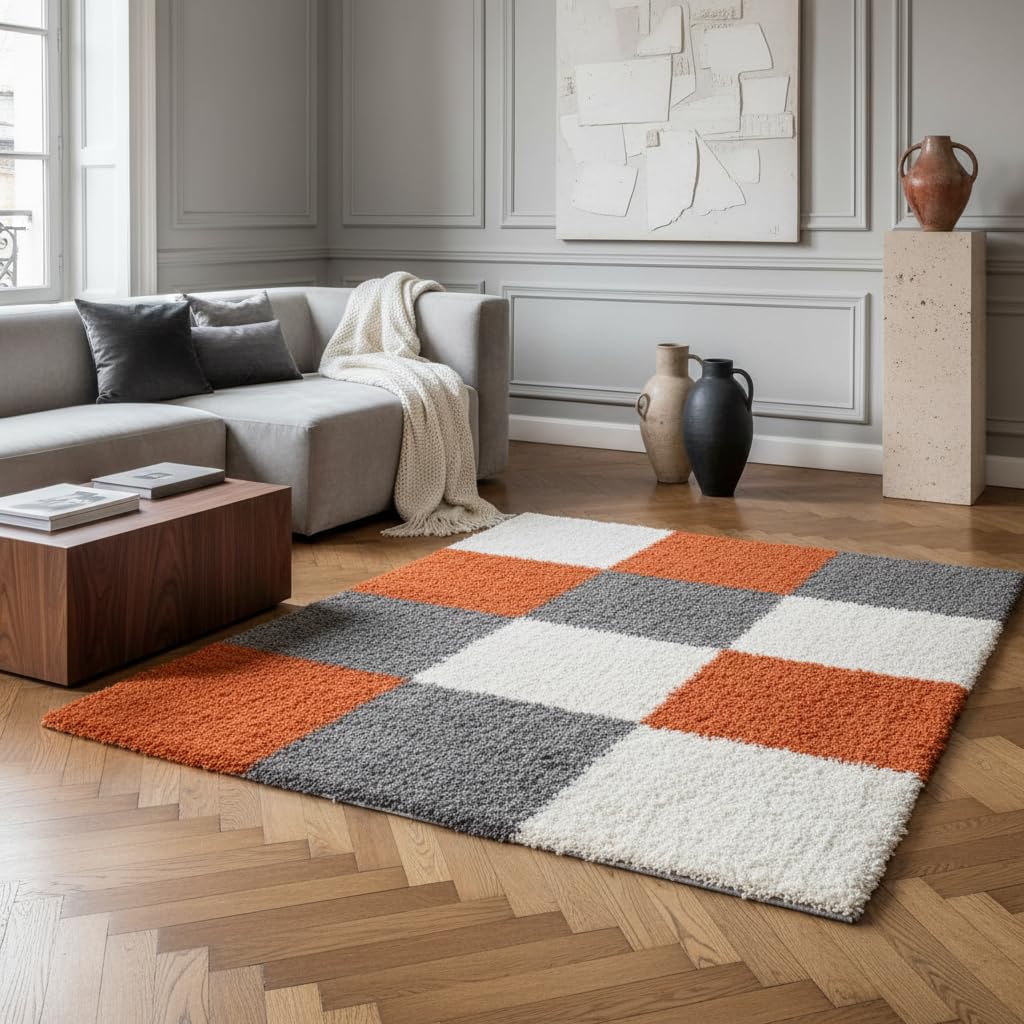 Hochflor-Teppich Wohnzimmer kariert Terrakotta 160x230 cm | Oberseite 100 % Polypropylen, 30 mm Florhöhe, ca. 2.000 g/m², 48.500 Punkte/m², gekettelte Kanten, OEKO-TEX Standard 100