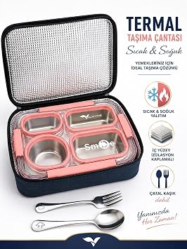 Valkyrie 304 Paslanmaz Çelik 4 Bölmeli Pembe Lunch Box Termal Çantalı – Sızdırmaz Beslenme Kabı, Çatal Kaşık Dahil