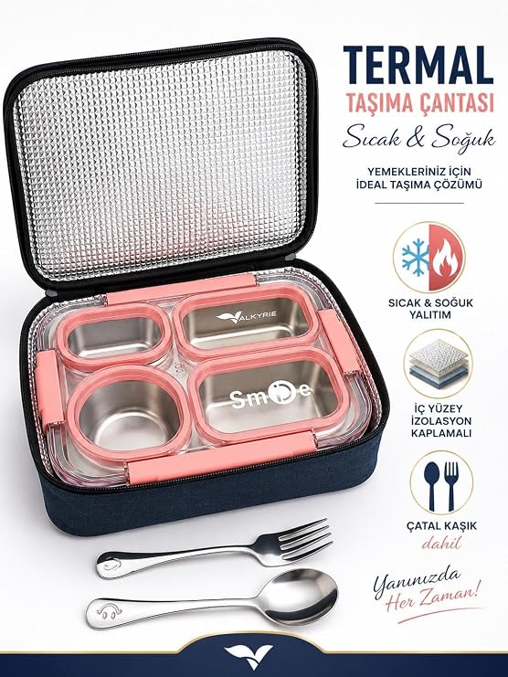 Valkyrie 304 Paslanmaz Çelik 4 Bölmeli Pembe Lunch Box Termal Çantalı – Sızdırmaz Beslenme Kabı, Çatal Kaşık Dahil
